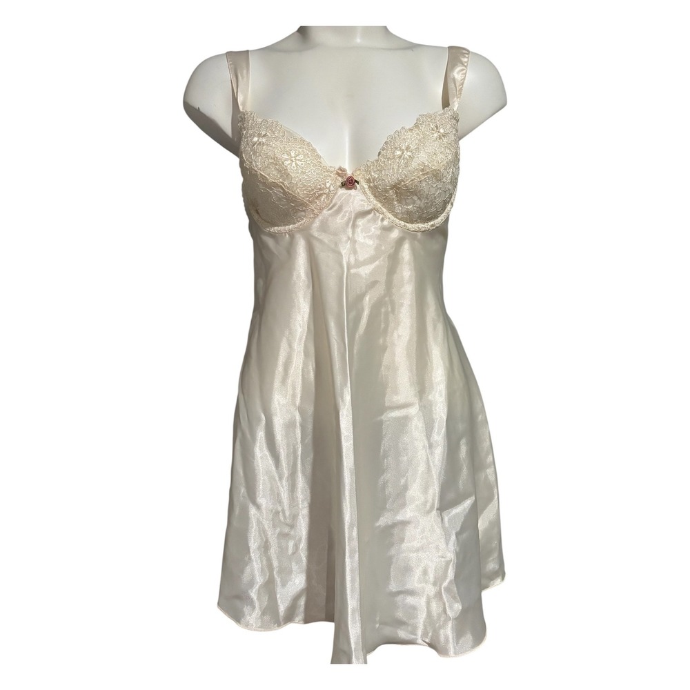 Gilligan & O'Malley L Ivory Satin Lace Underwire Bra Nightgown Vintage